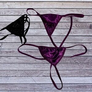 OS Micro G-String Thong Women Purple Black New 3pc Satin Set